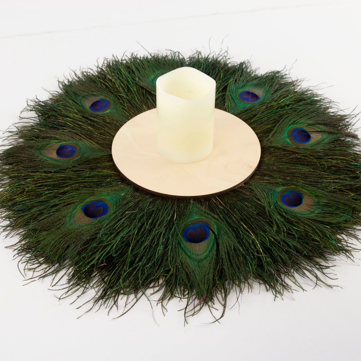 Table décor 8” Wood Ctr W/Peacock Flue and Eyes, 18” Dia