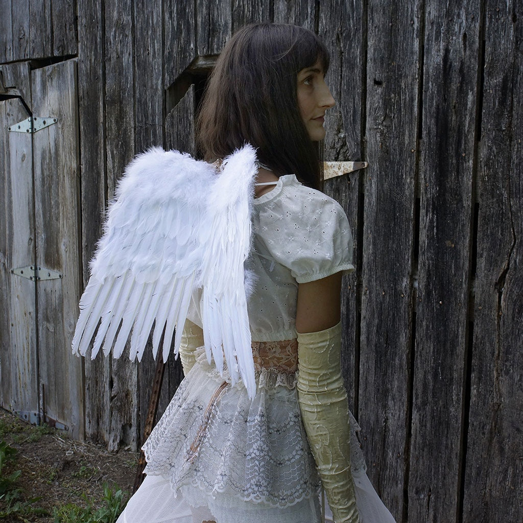 Small White Angel Costume Wings - Halloween Cosplay Feather Wing for Adults-Kids