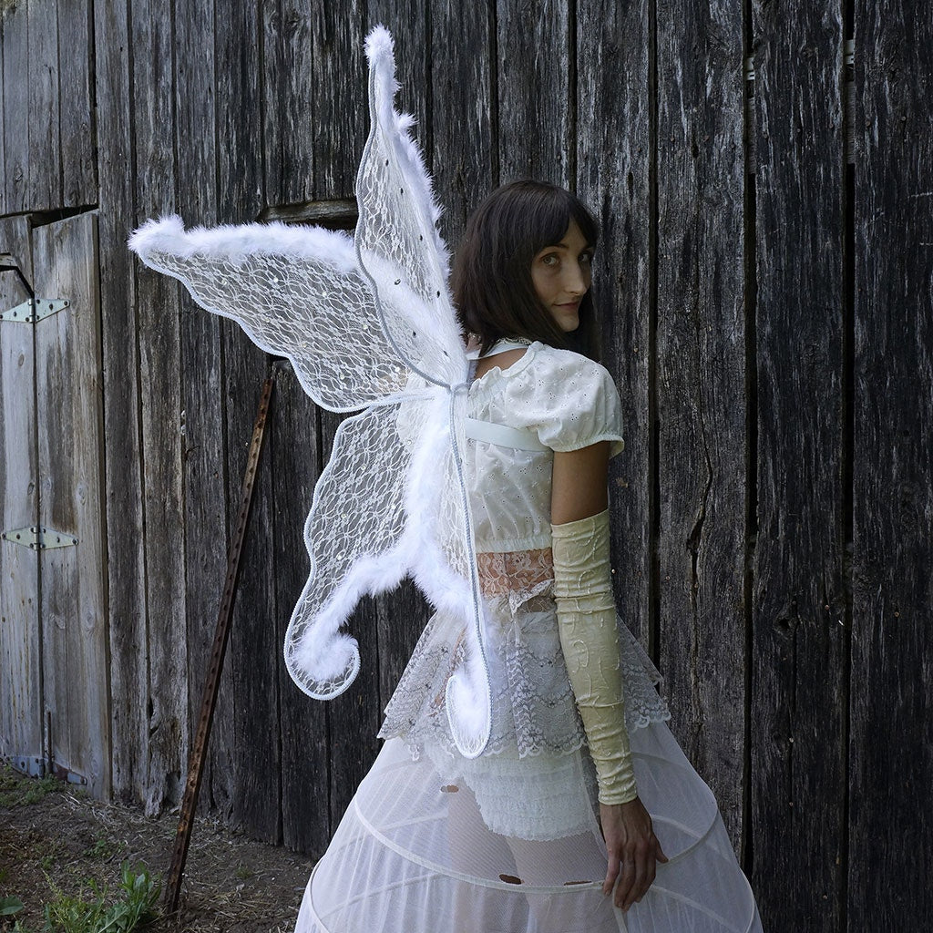 Adult White Angel Costume Wings - Large Fairy Butterfly Lace and Feather Wings, Sexy Halloween or Cosplay Accessories