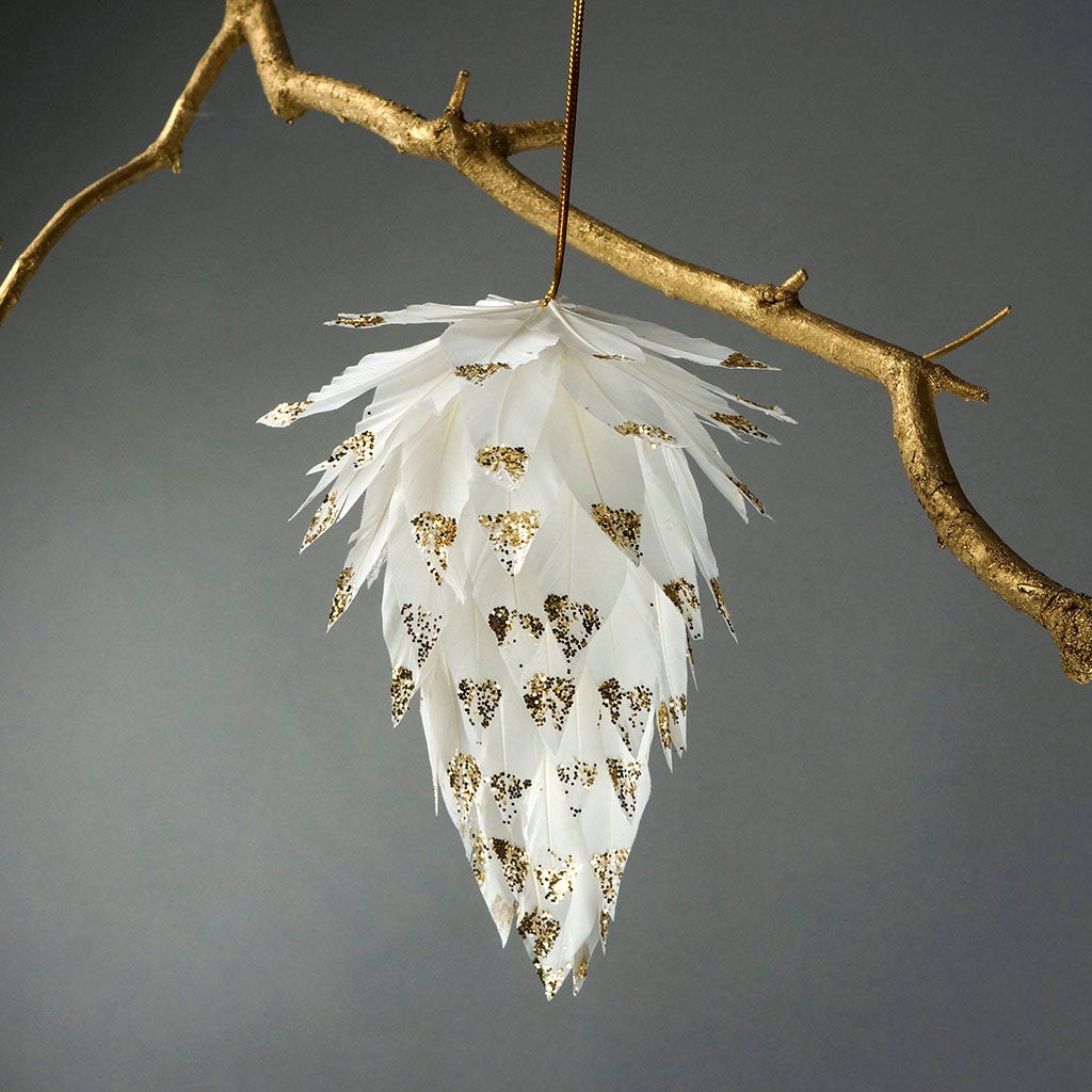 Pine Cone Ornament w/Glitter White w/Gold