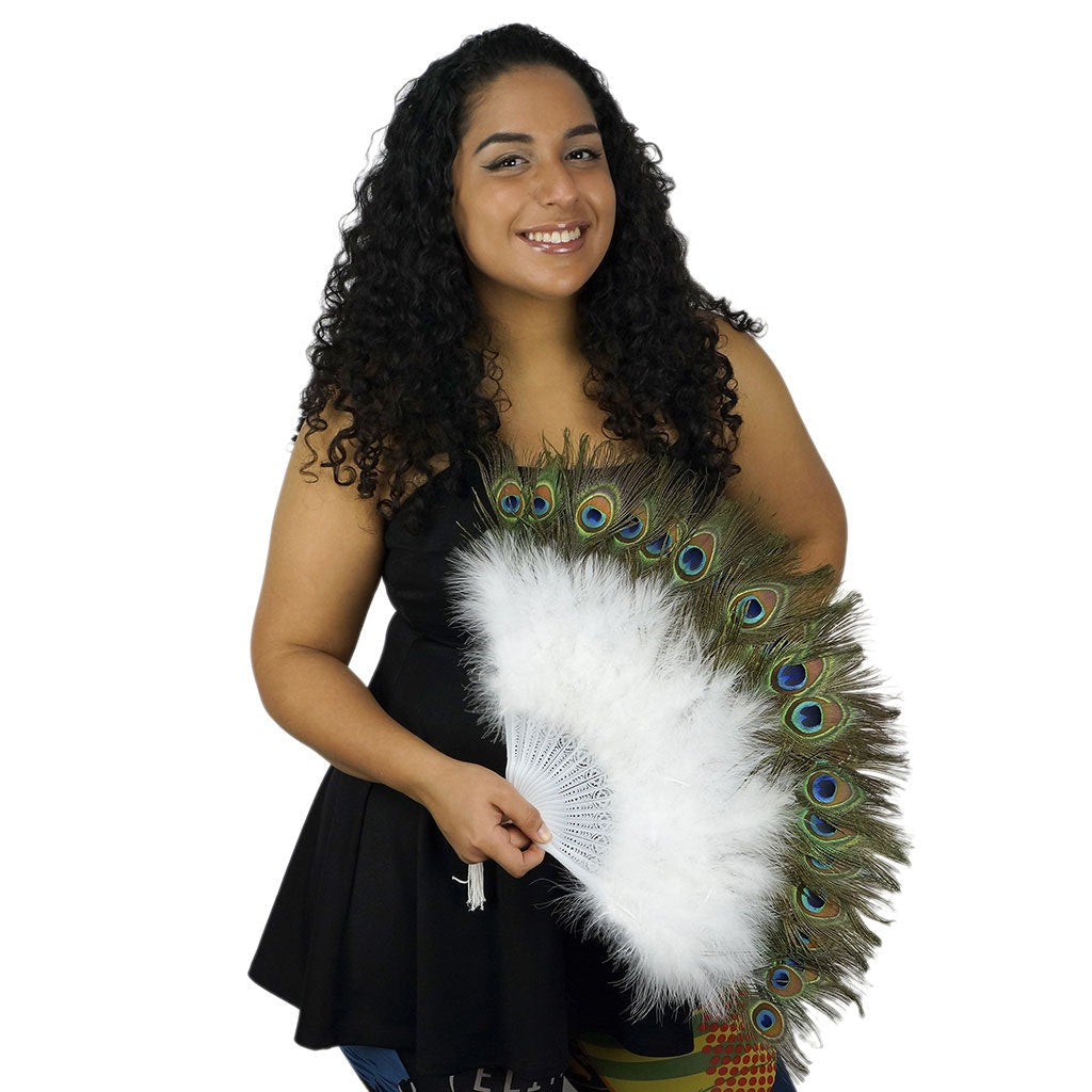 Marabou-Peacock Feather Fan - White