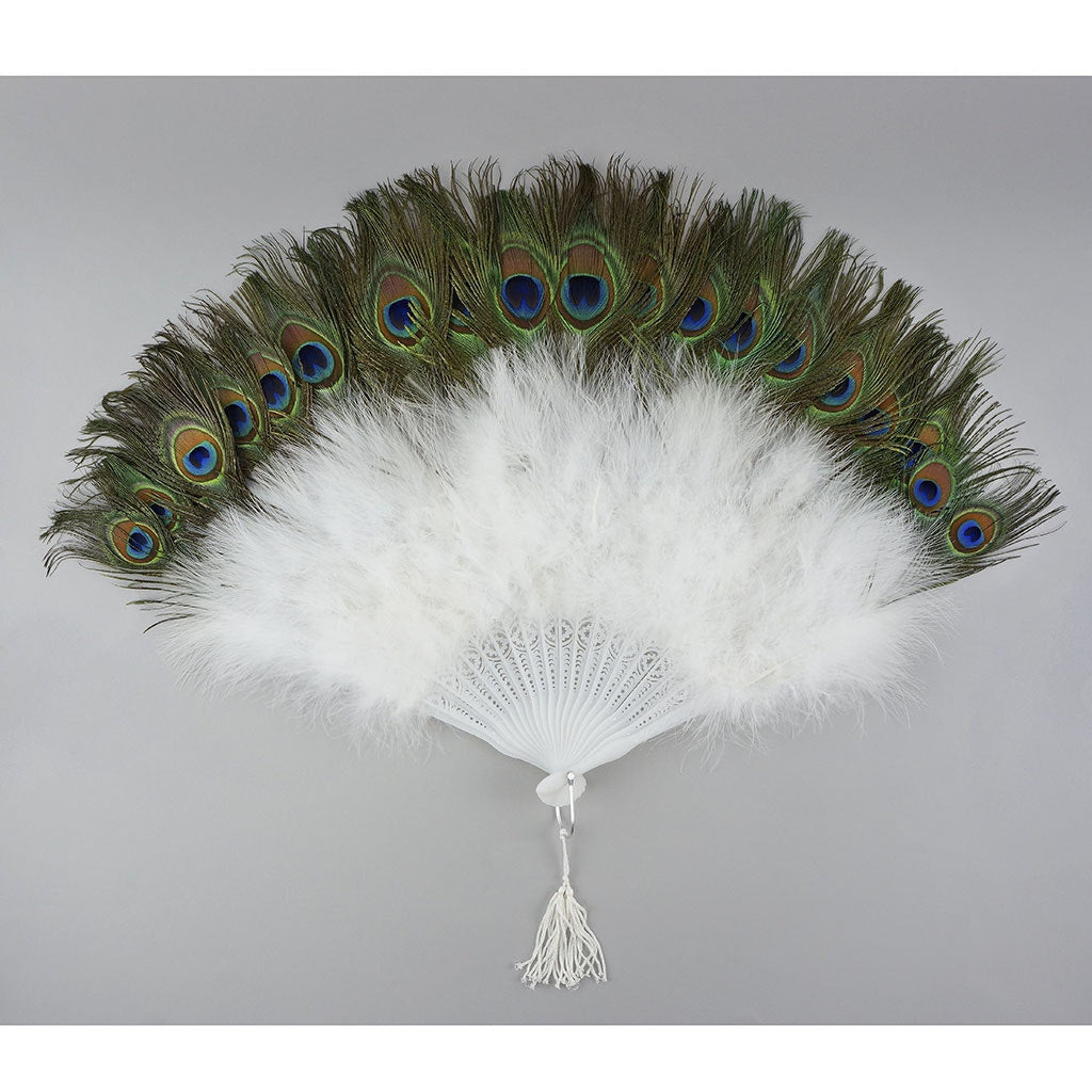 Marabou-Peacock Feather Fan - White