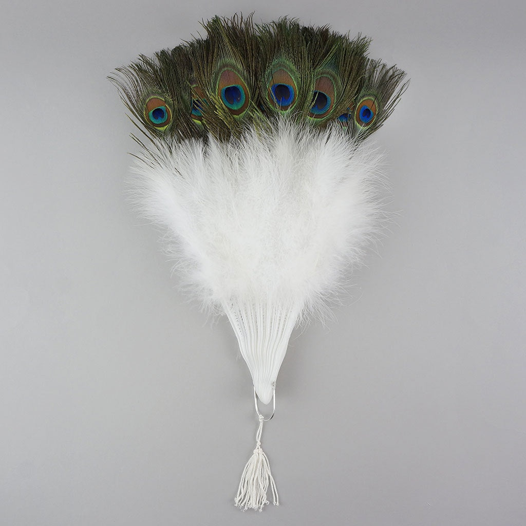 Marabou-Peacock Feather Fan - White