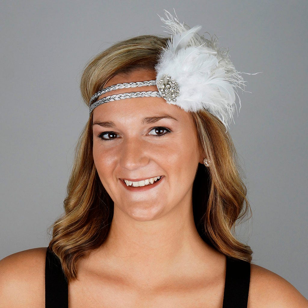 Feather Headband w/Ostrich/Schlappen White/Silver