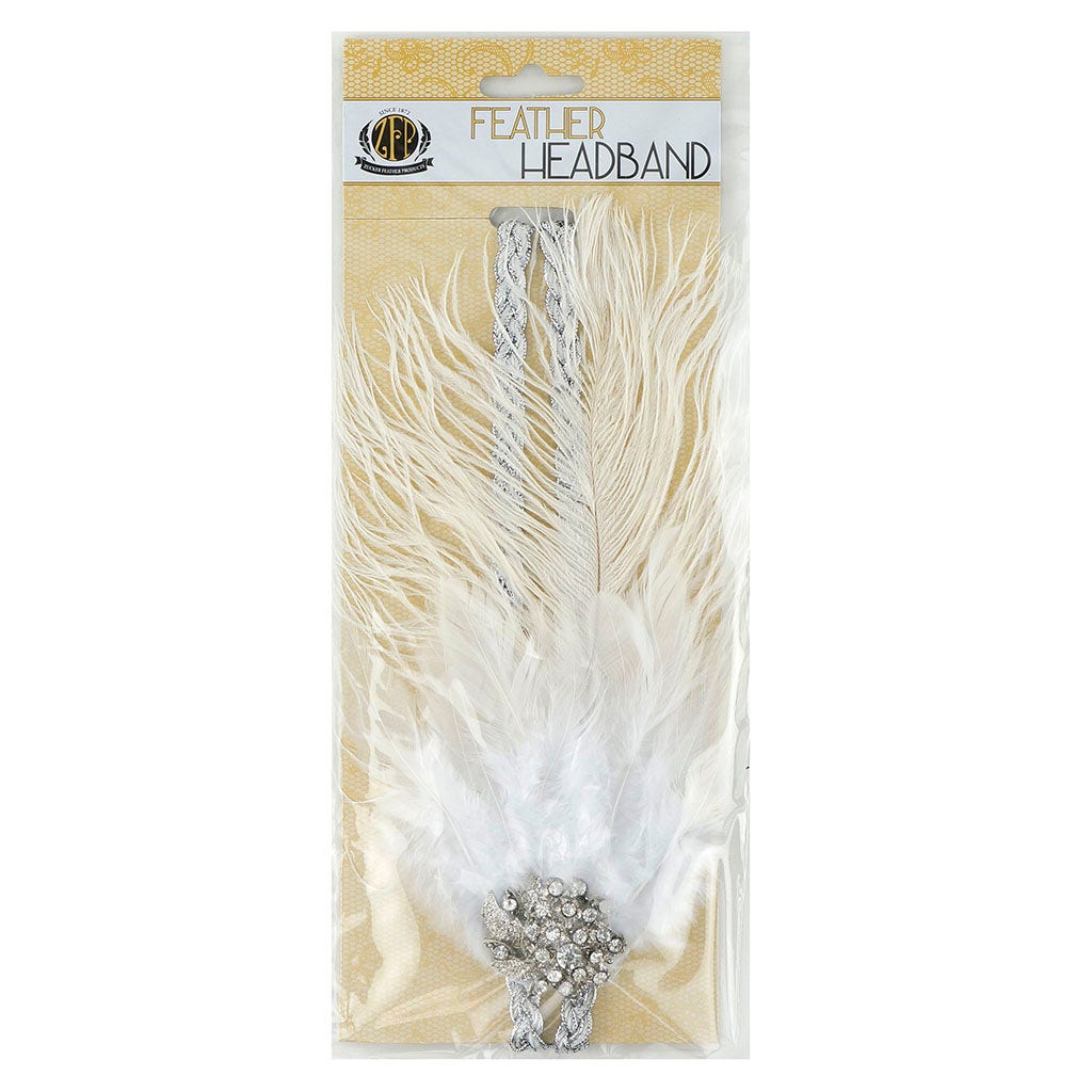 Feather Headband w/Ostrich/Schlappen White/Silver