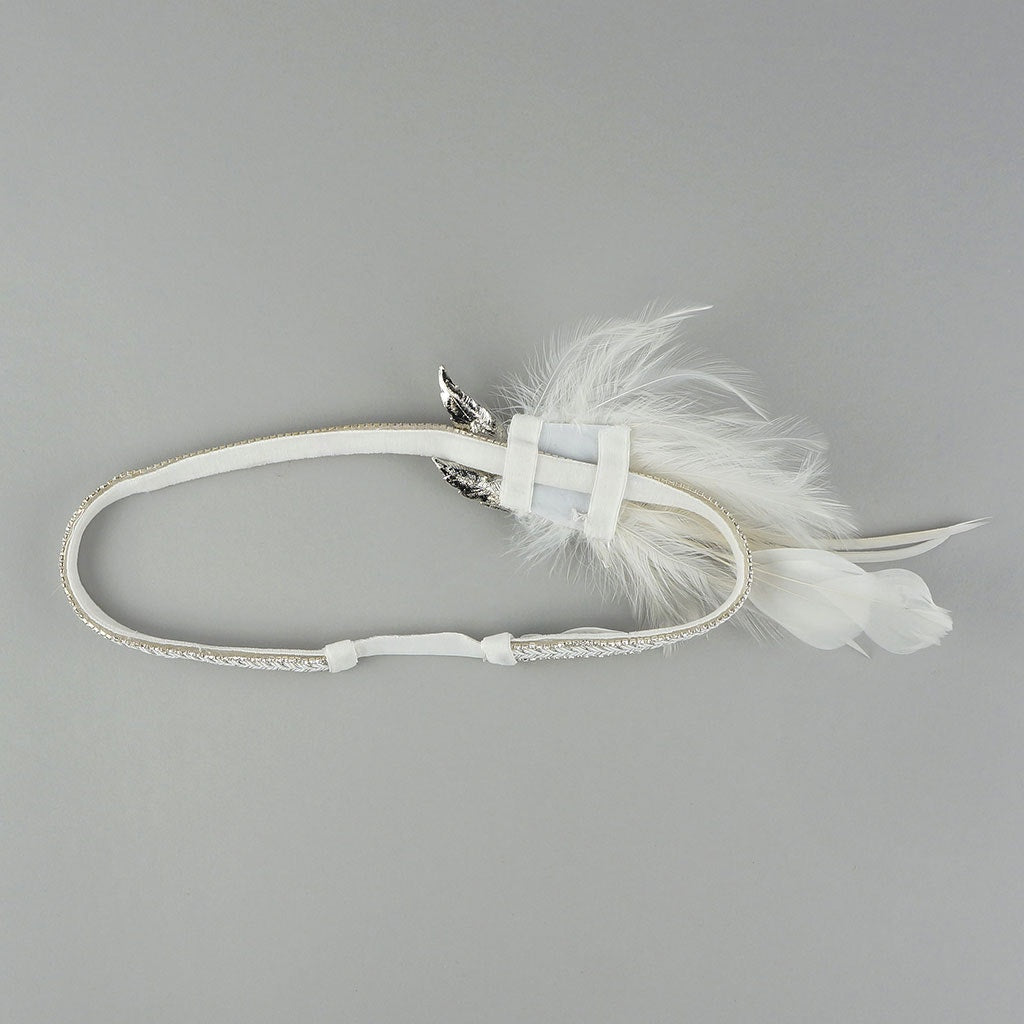 Gatsby Feather Headband w/Rhinestone Leaf - White and Silver