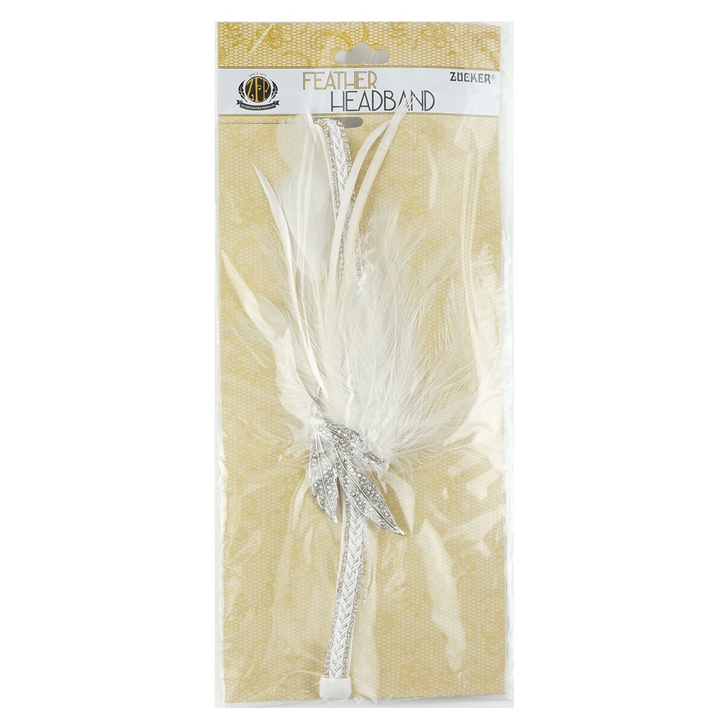 Gatsby Feather Headband w/Rhinestone Leaf - White and Silver