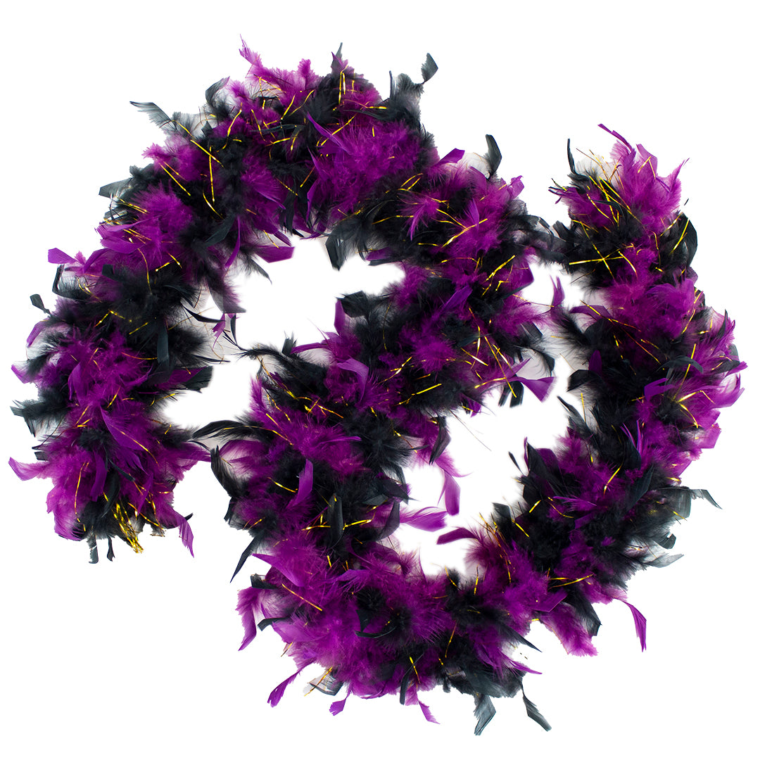 Chandelle Feather Boa - Lightweight - Black and Purple with Gold Lurex