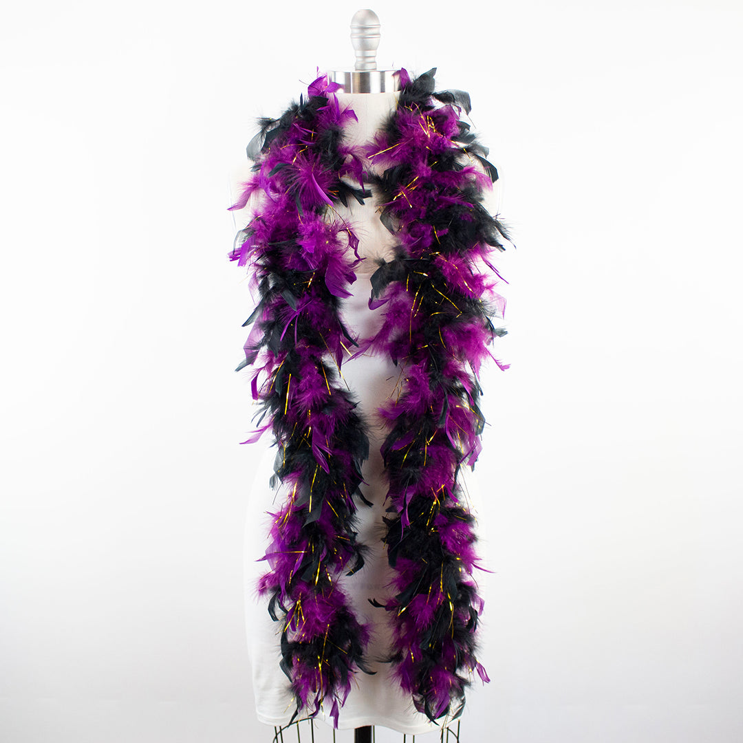 Chandelle Feather Boa - Lightweight - Black and Purple with Gold Lurex