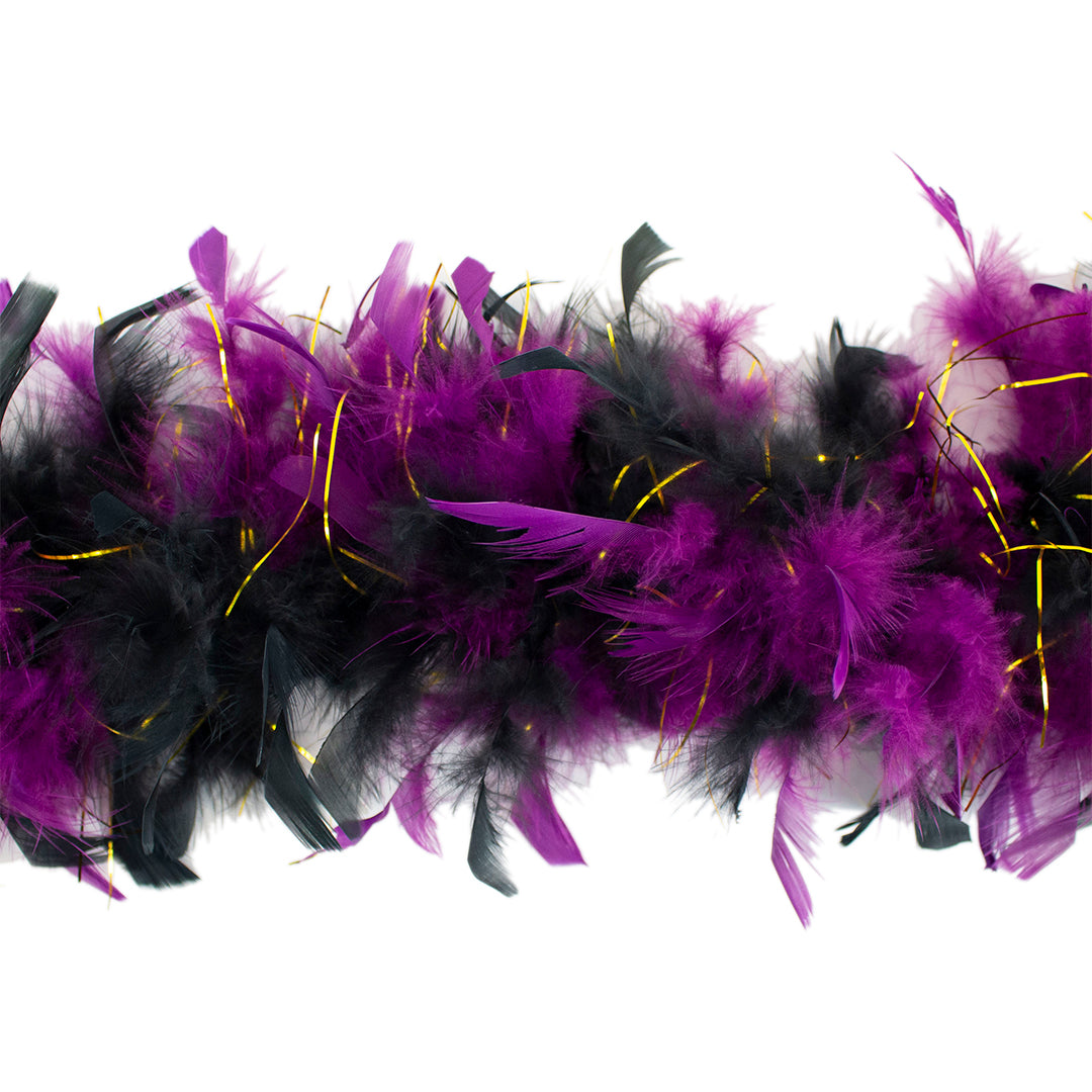 Chandelle Feather Boa - Lightweight - Black and Purple with Gold Lurex