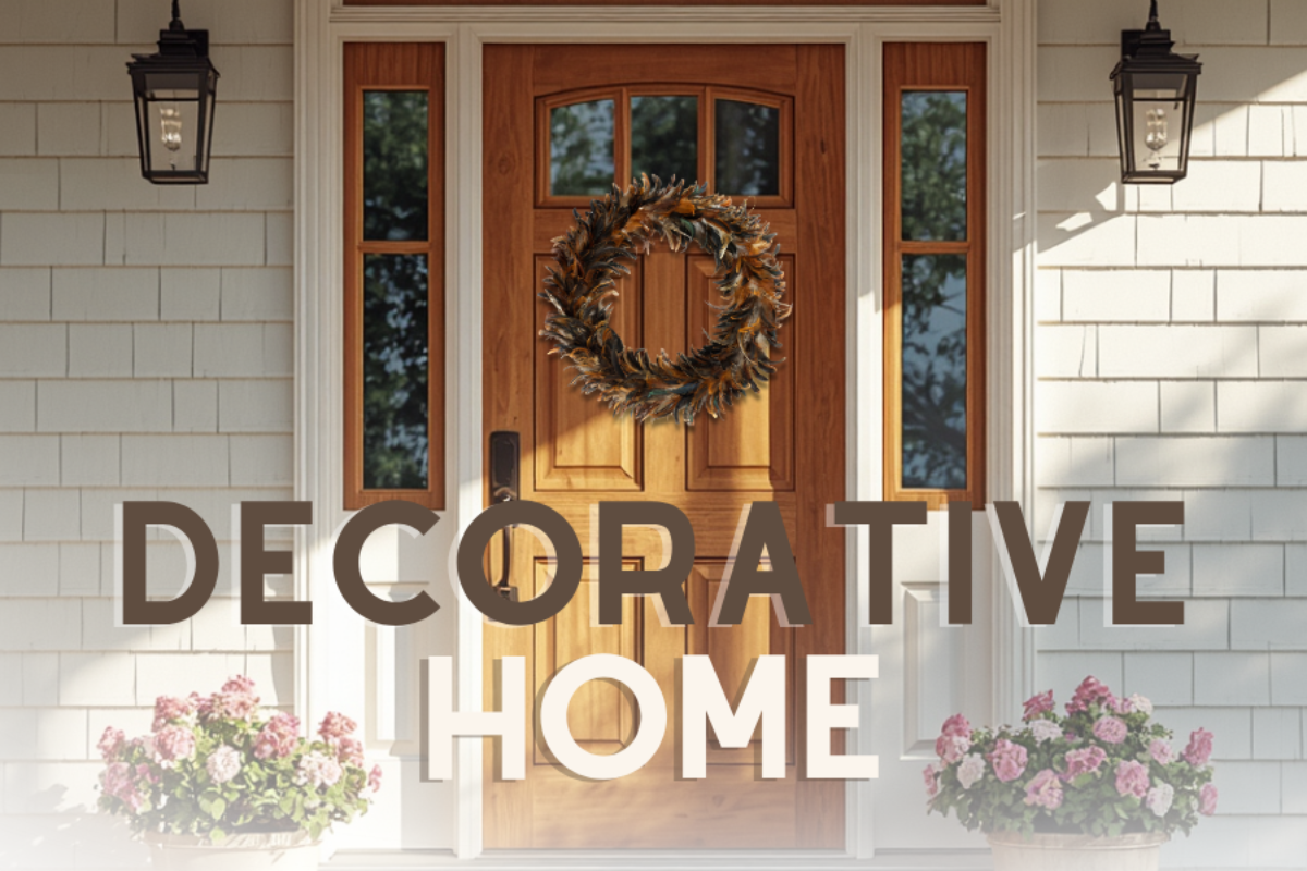 A decorative home front door scene with a wooden door, white shiplap walls, black wall lanterns, a wreath on the door, and large overlaid text reading 'DECORATIVE HOME' with flower boxes at the bottom.