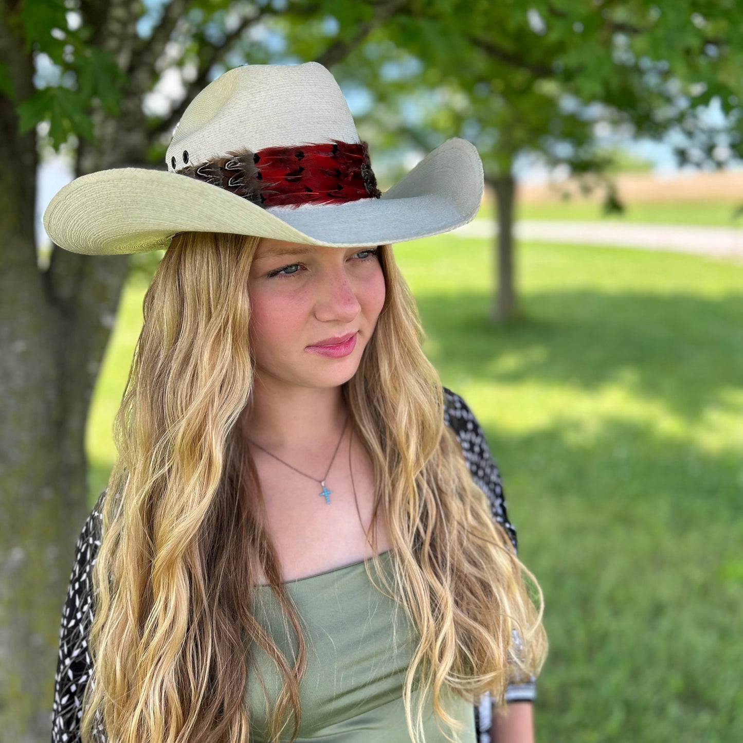 Natural Dark Heart, Blue Almond, and Almond Pheasant Feather Hat Band