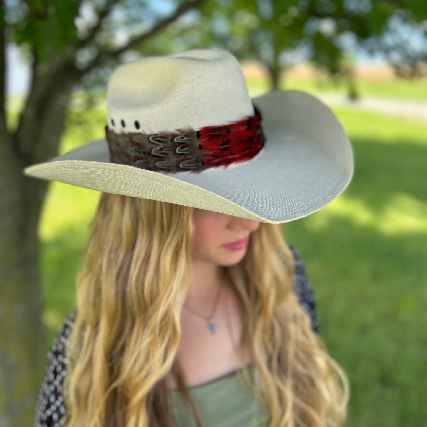Natural Dark Heart, Blue Almond, and Almond Pheasant Feather Hat Band