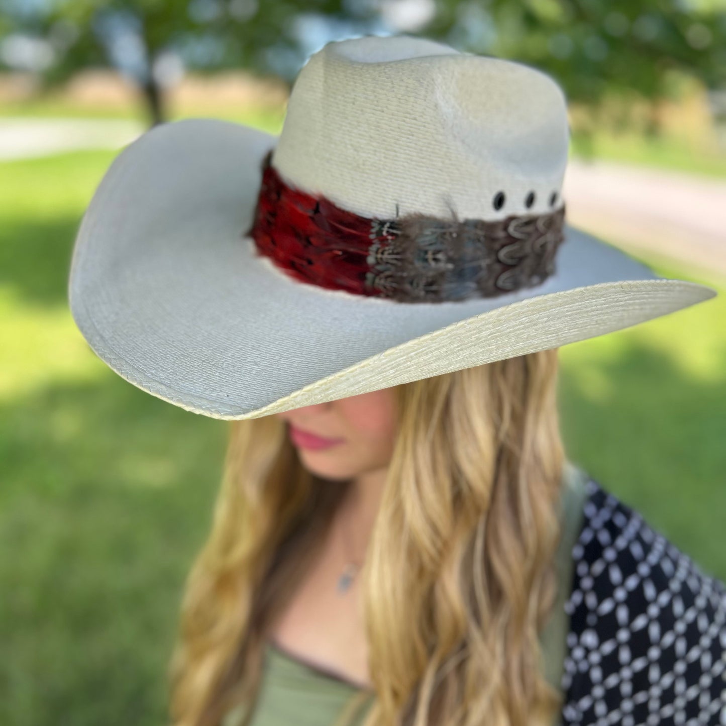 Natural Dark Heart, Blue Almond, and Almond Pheasant Feather Hat Band