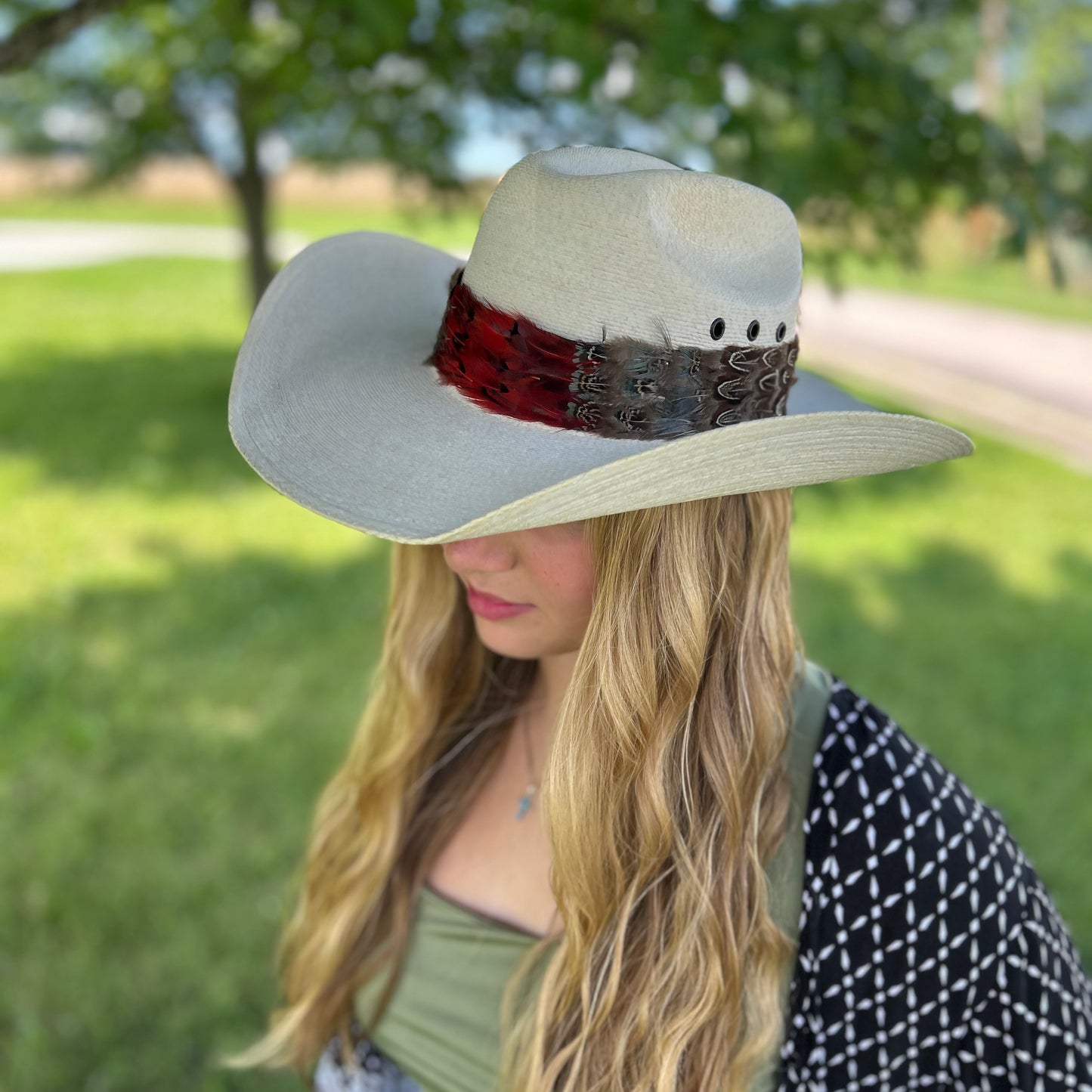 Natural Dark Heart, Blue Almond, and Almond Pheasant Feather Hat Band