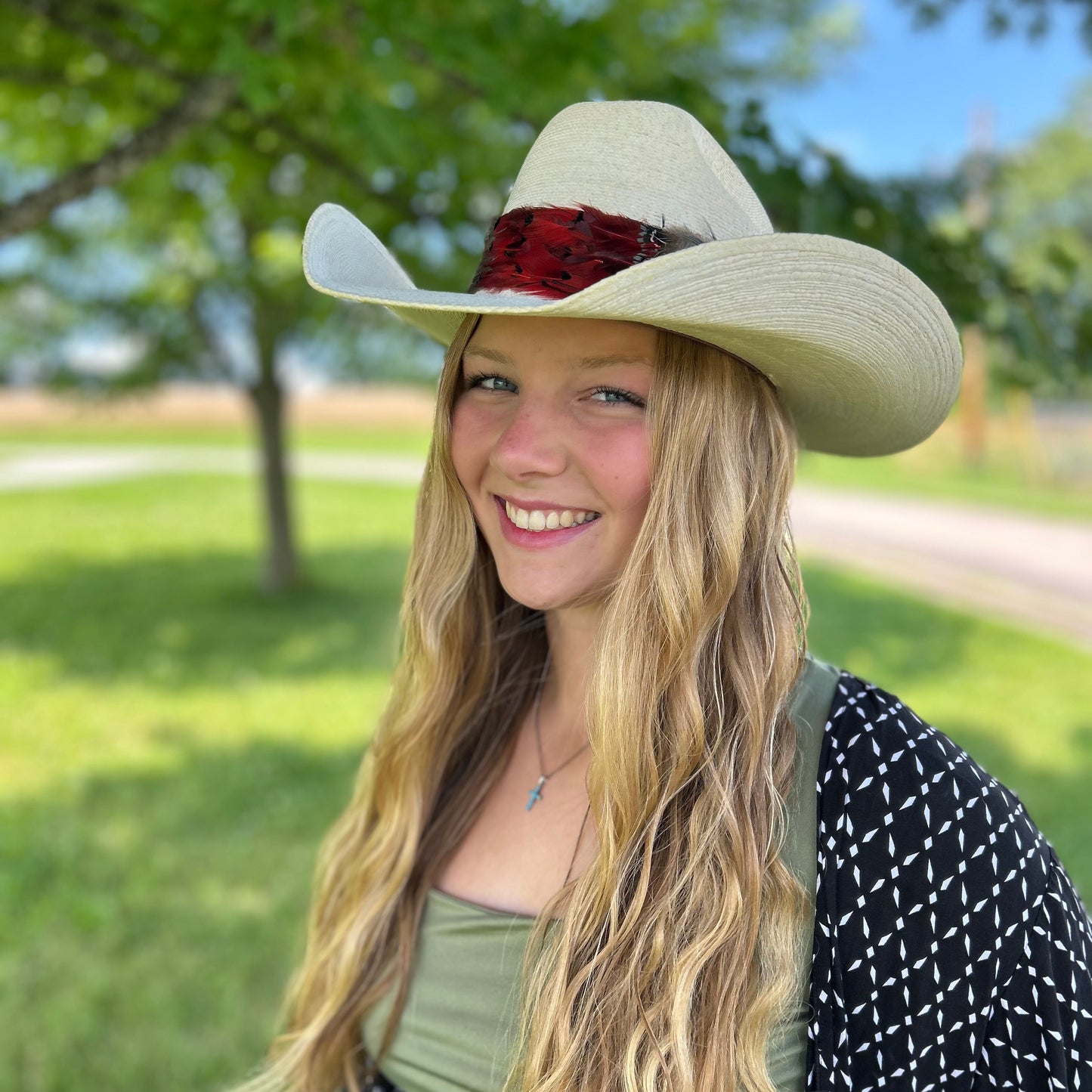 Natural Dark Heart, Blue Almond, and Almond Pheasant Feather Hat Band