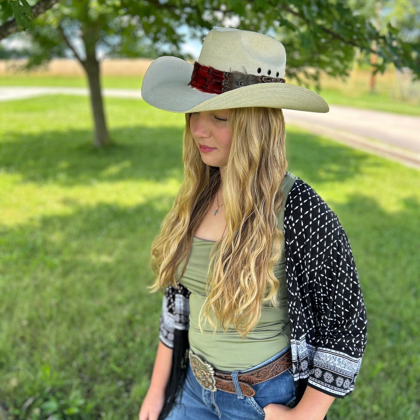 Natural Dark Heart, Blue Almond, and Almond Pheasant Feather Hat Band