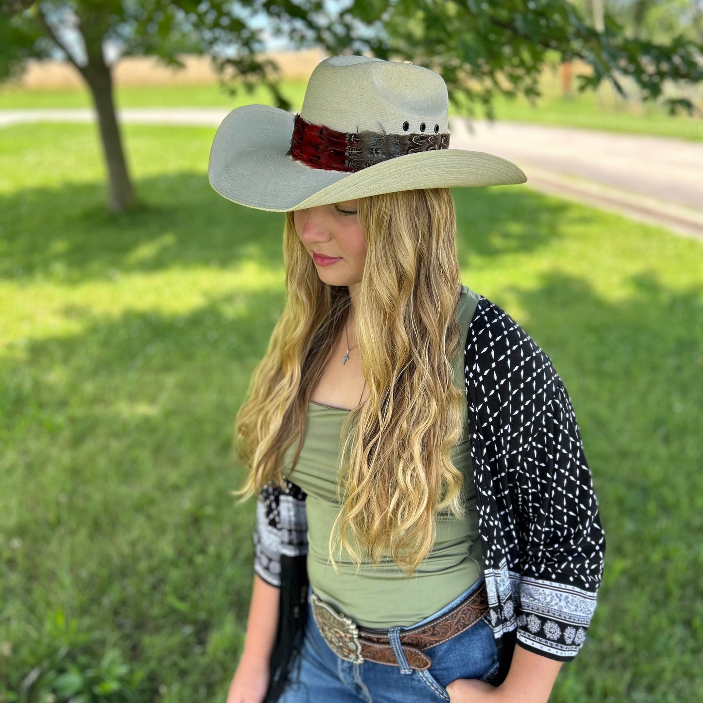 Natural Dark Heart, Blue Almond, and Almond Pheasant Feather Hat Band