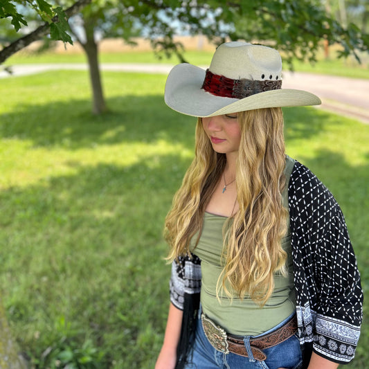Natural Dark Heart, Blue Almond, and Almond Pheasant Feather Hat Band