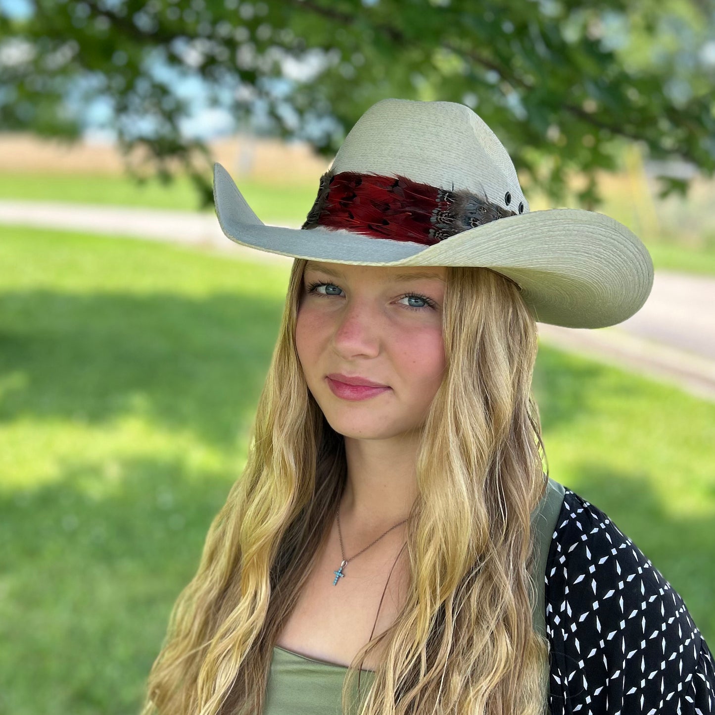 Natural Dark Heart, Blue Almond, and Almond Pheasant Feather Hat Band