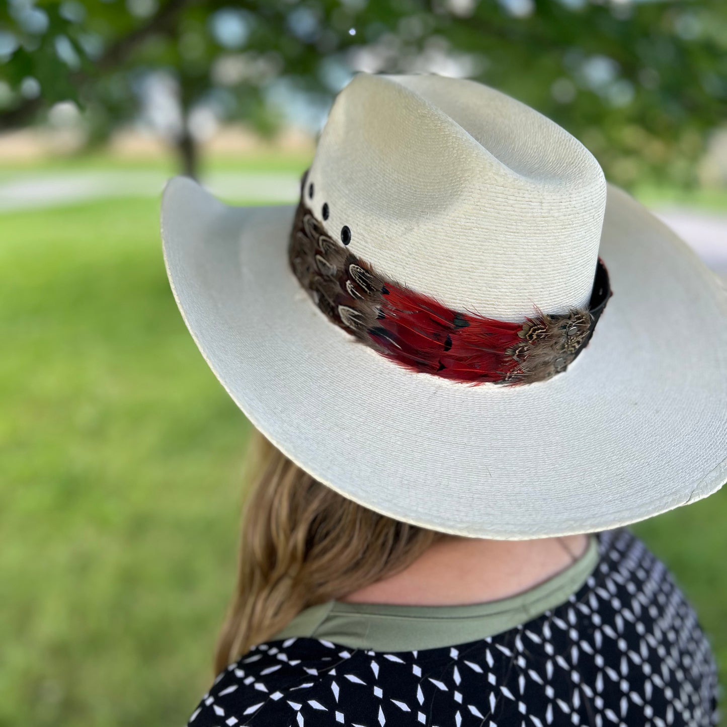 Natural Dark Heart, Blue Almond, and Almond Pheasant Feather Hat Band