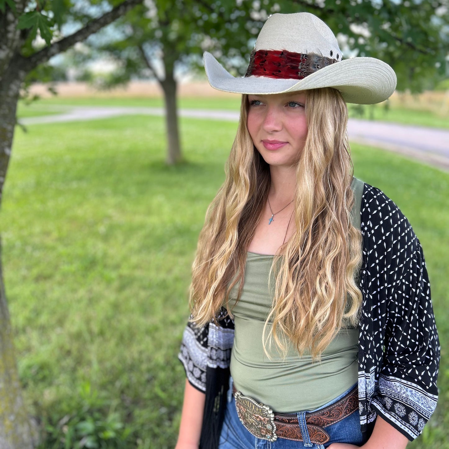 Natural Dark Heart, Blue Almond, and Almond Pheasant Feather Hat Band