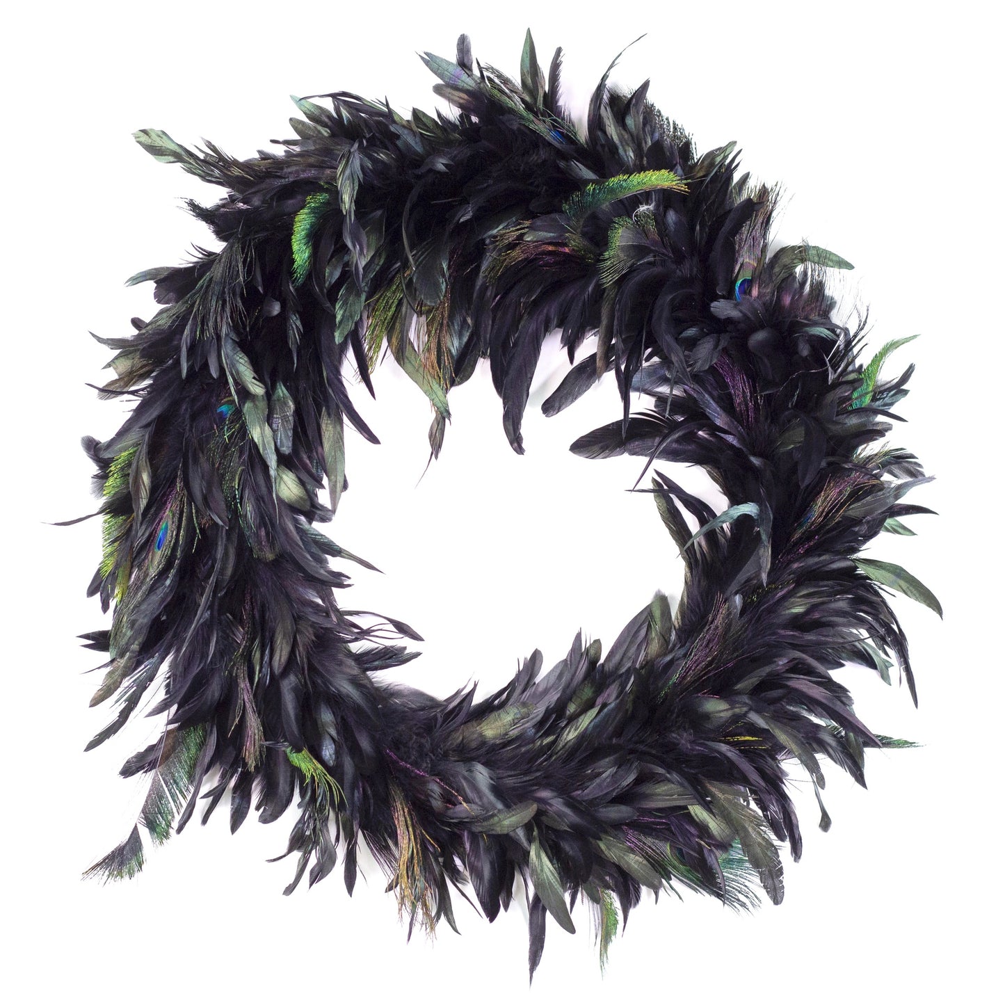 Rooster Schlappen Wreath With Peacock 18 inch Wire Base 22 inch DIA --Black