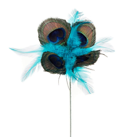 Feather Floral Stem - Peacock- Hackle Natural/Dark Aqua