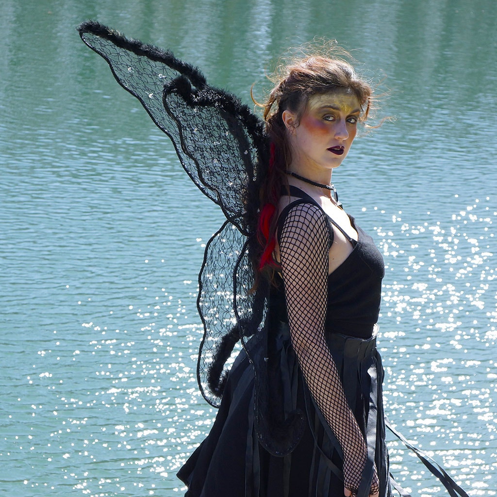 Black Angel Wing Adult Costume - Large Fairy Lace and Feather Wings Black Angel Wing Adult Costume - Large Fairy Lace and Feather Wings