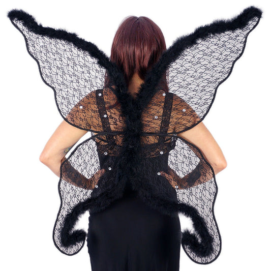 Black Angel Wing Adult Costume - Large Fairy Lace and Feather Wings Halloween or Cosplay