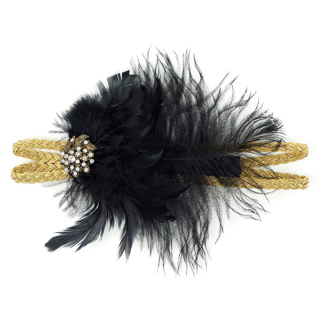 Feather Headband w/Ostrich/Schlappen Black/Gold