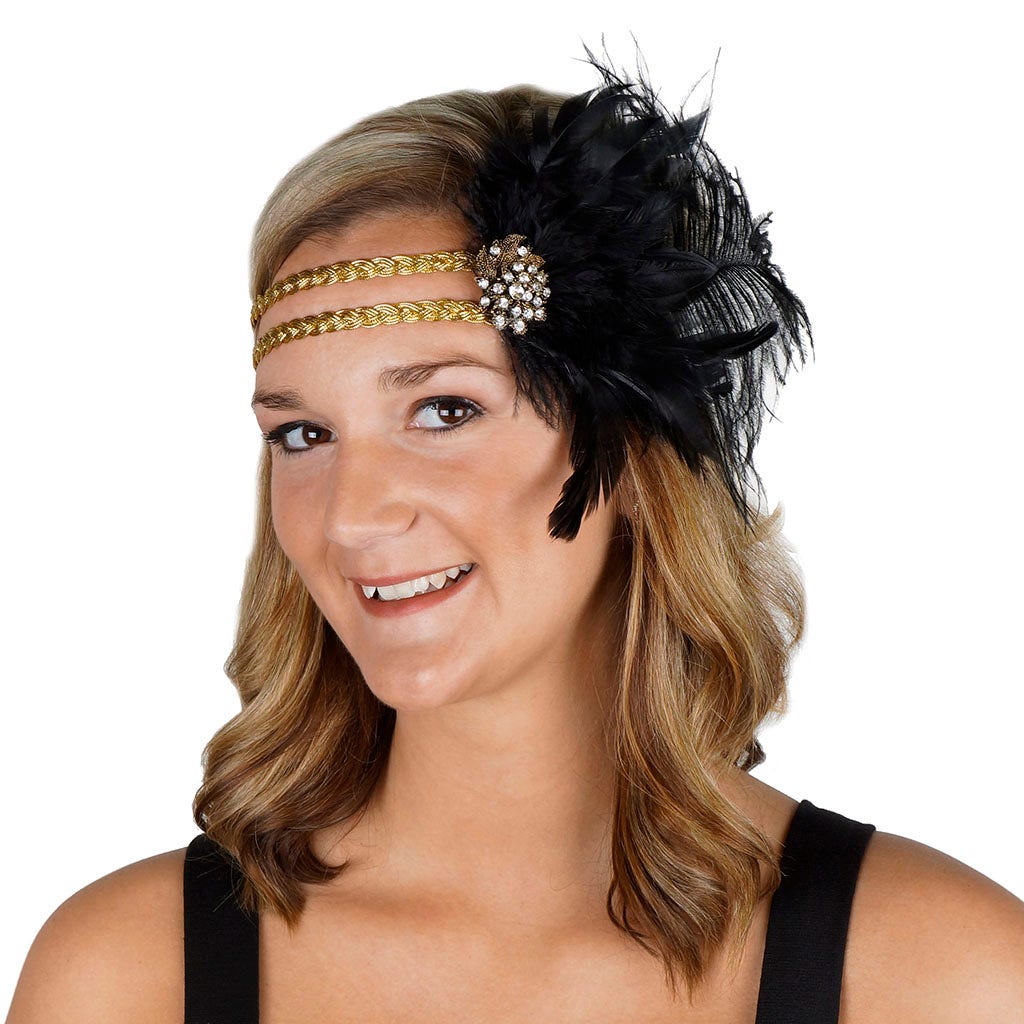 Feather Headband w/Ostrich/Schlappen Black/Gold