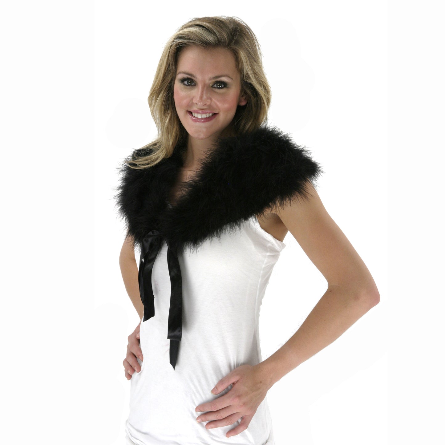 Marabou Feather Shawl w/Ribbon Ties - Black