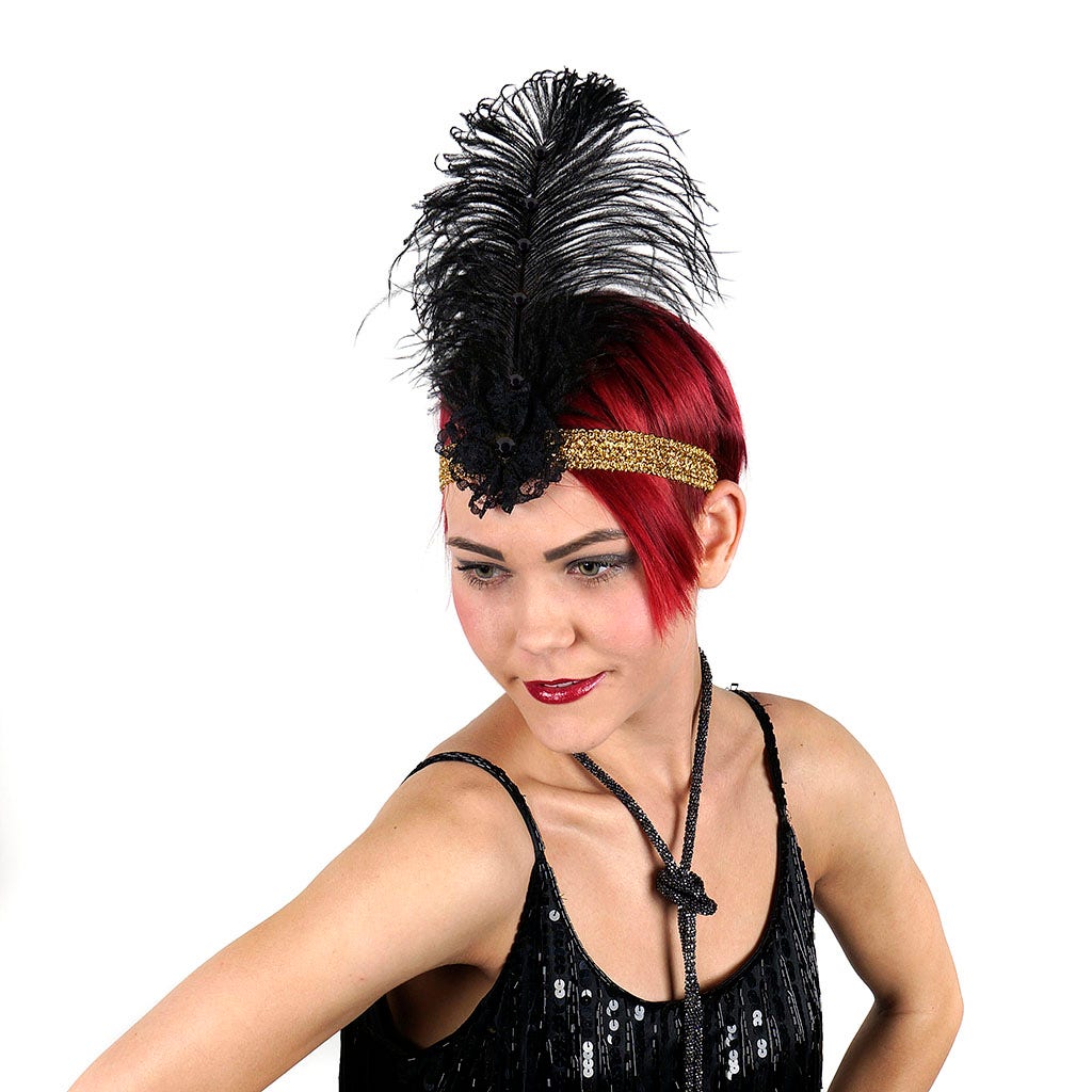 Ostrich Flapper Headband Black/Gold