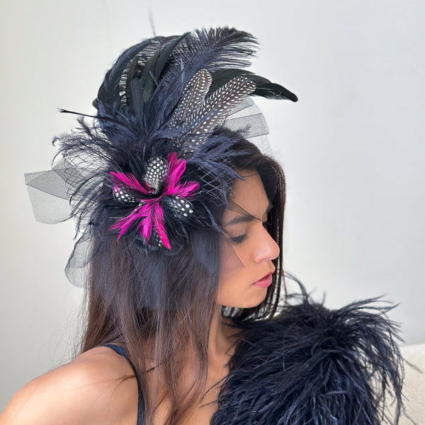 Black and Pink Feathered Fascinator Vibrant Hot Pink & Black Feather Fascinator | Derby Hats By Shan main image 4