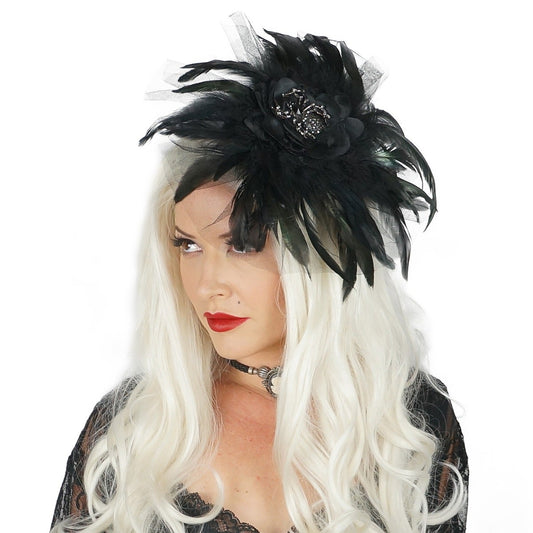 Widow Rhinestone Feather Headband - Black