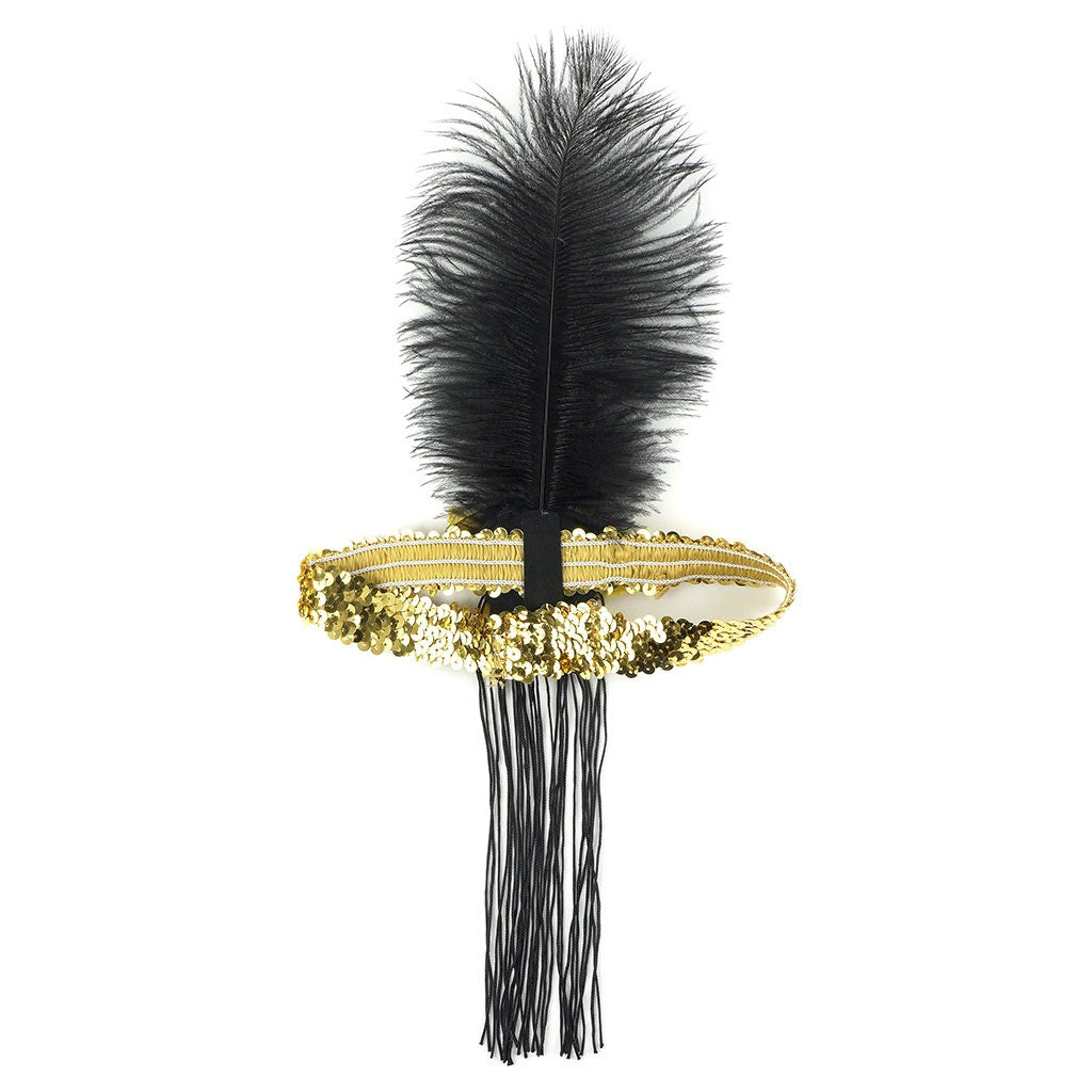 Flapper Feather Headband w/Tassel - Gold and Black