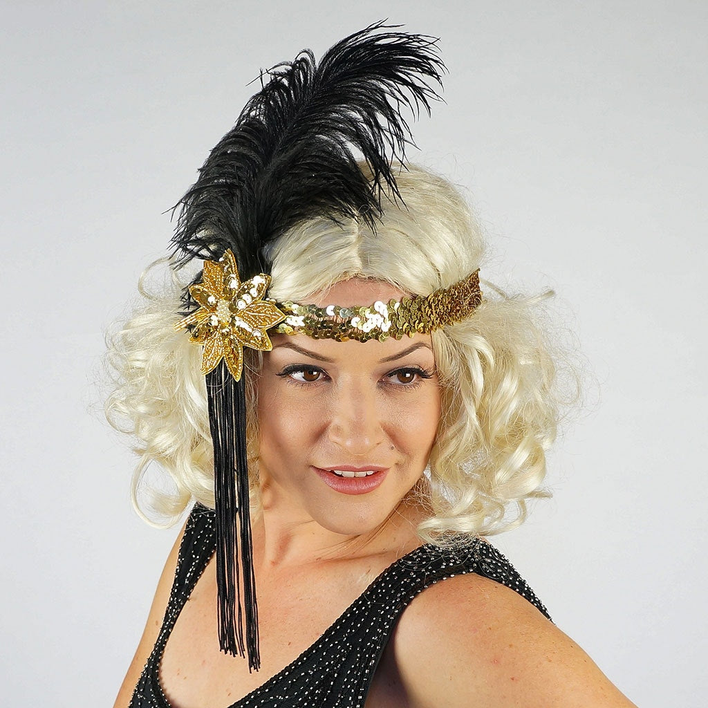 Flapper Feather Headband w/Tassel - Gold and Black