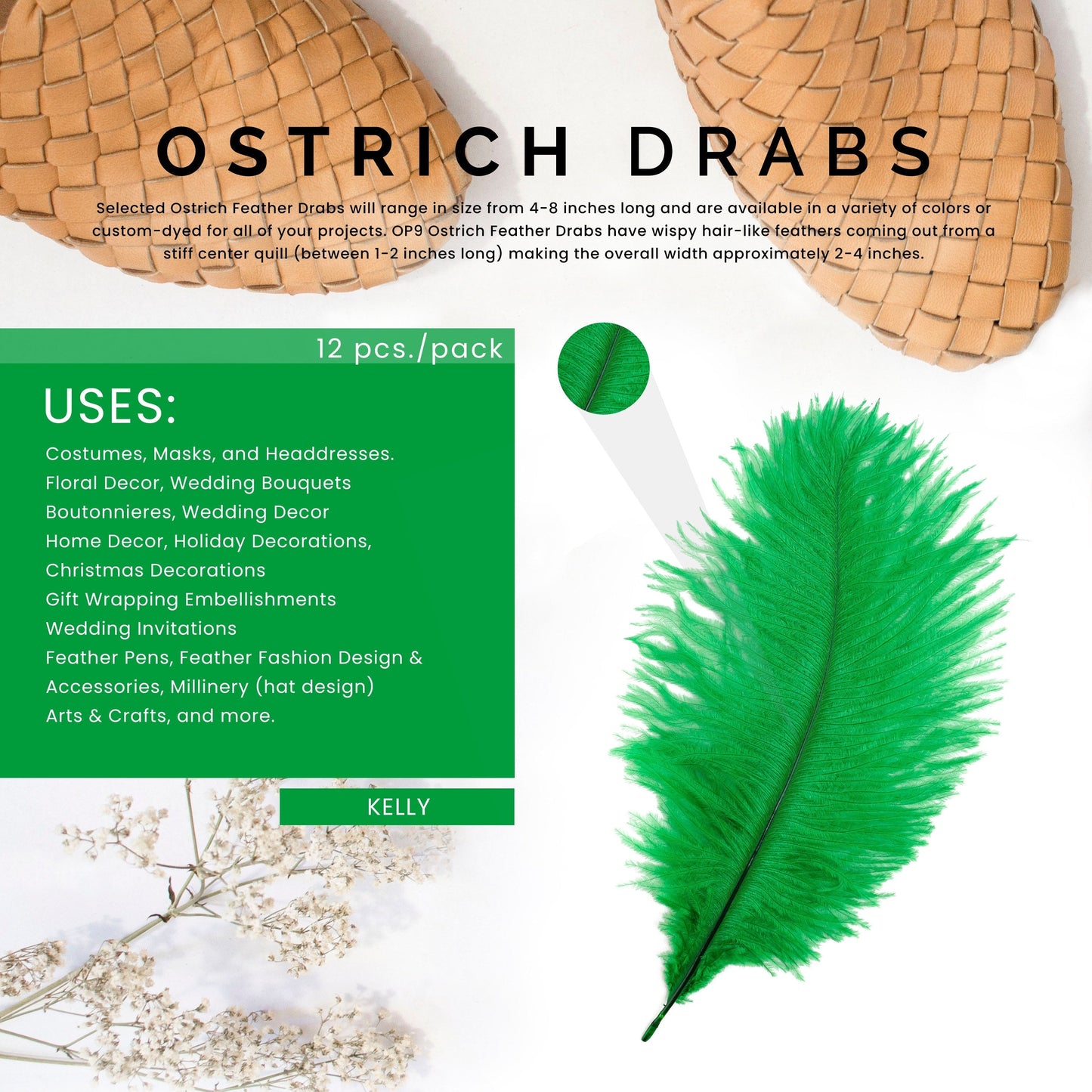 Ostrich Feathers 4-8" Drabs - Kelly