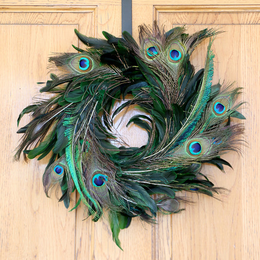 Handmade Schlappen-Peacock Feather Holiday Wreath - Kelly/Natural