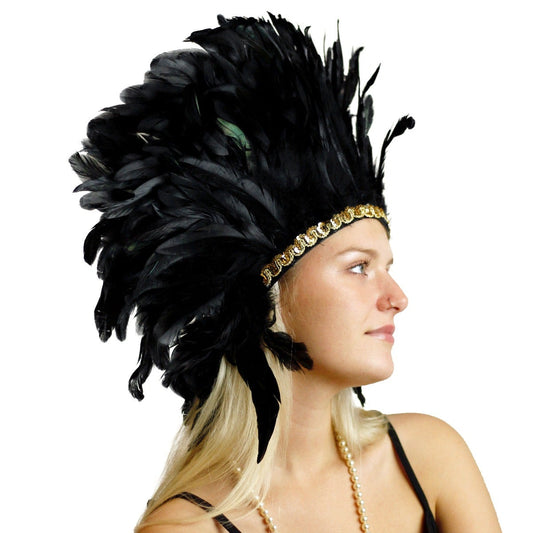 Large Sequined Adjustable Feather Spirit Headdress 15" - Black