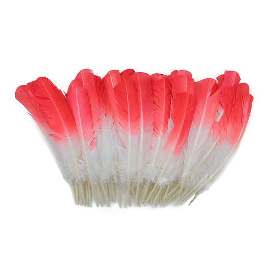 Bulk Two Tone Ombre Tipped Turkey Round Feathers Right Wing - 10-12” - 1/4 lb - Coral/White