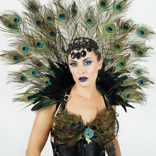 Majestic Peacock Feather Collar Headdress - Natural With Black