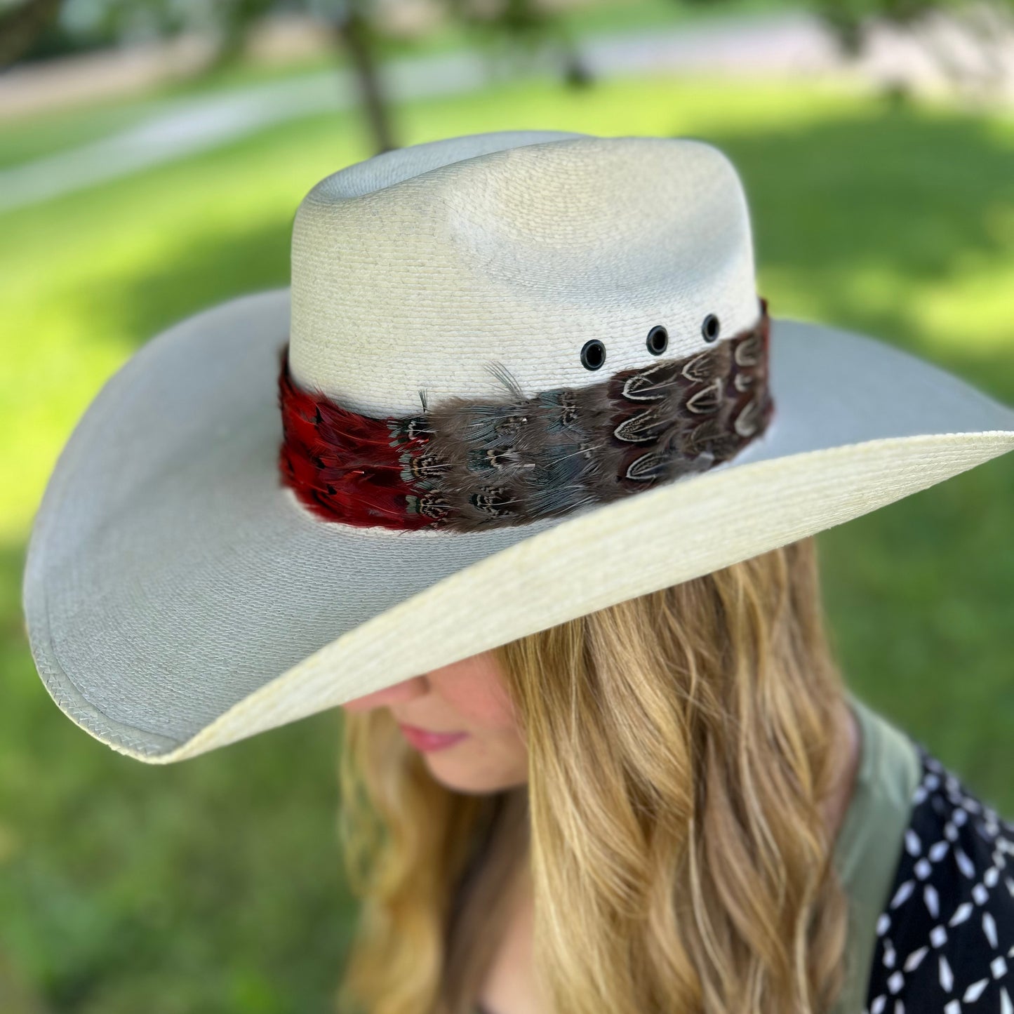 Natural Dark Heart, Blue Almond, and Almond Pheasant Feather Hat Band