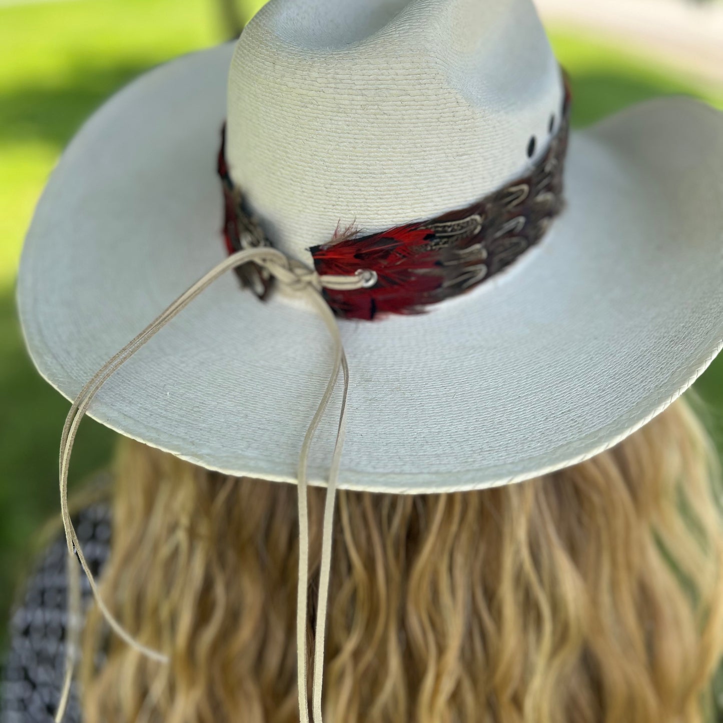 Natural Dark Heart, Blue Almond, and Almond Pheasant Feather Hat Band