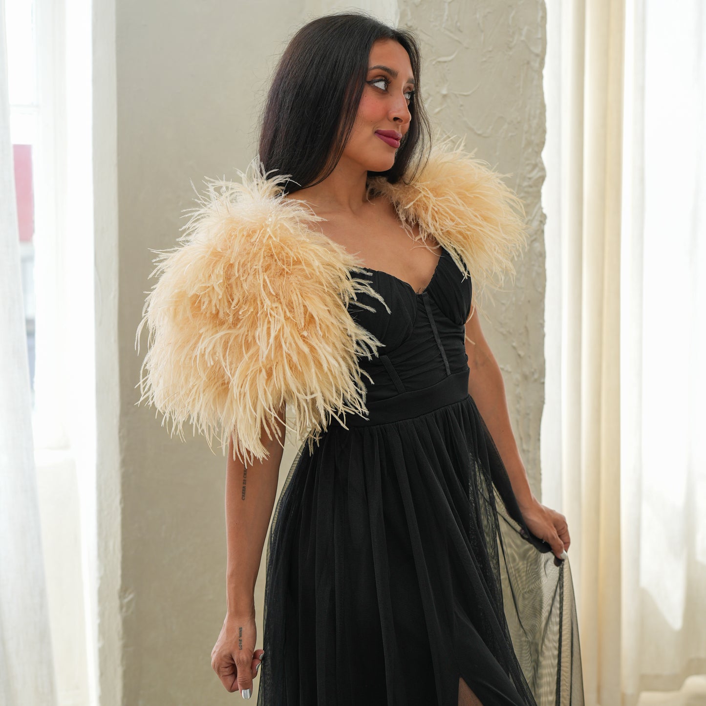 Beige Large Ostrich Feather Shrug