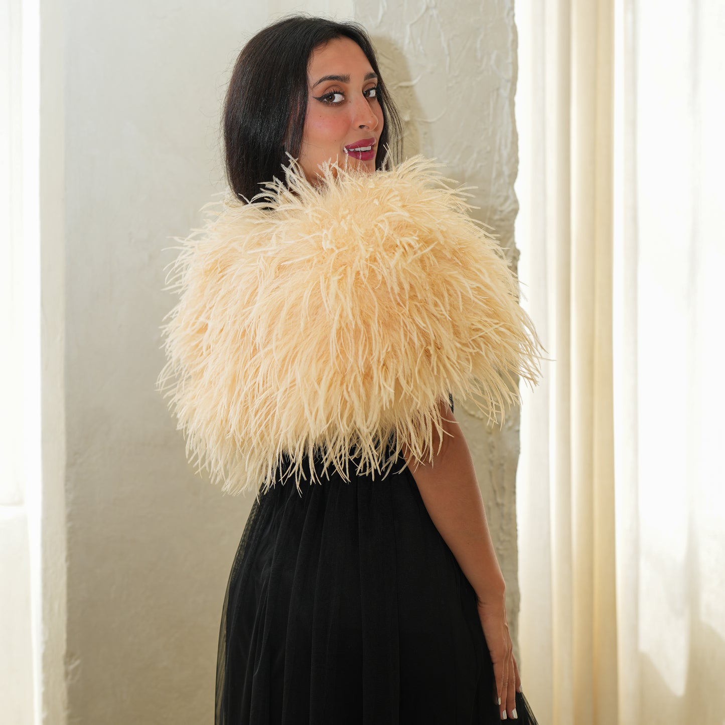 Beige Large Ostrich Feather Shrug