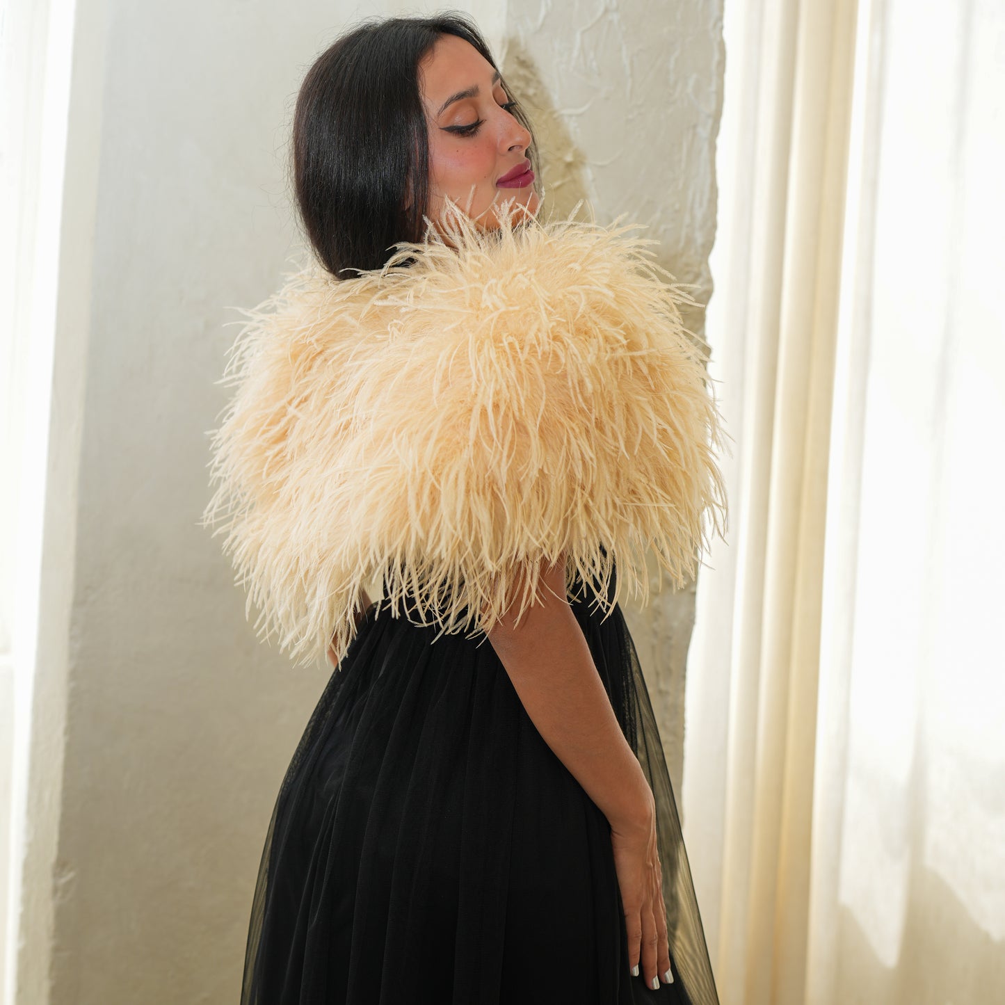 Beige Large Ostrich Feather Shrug