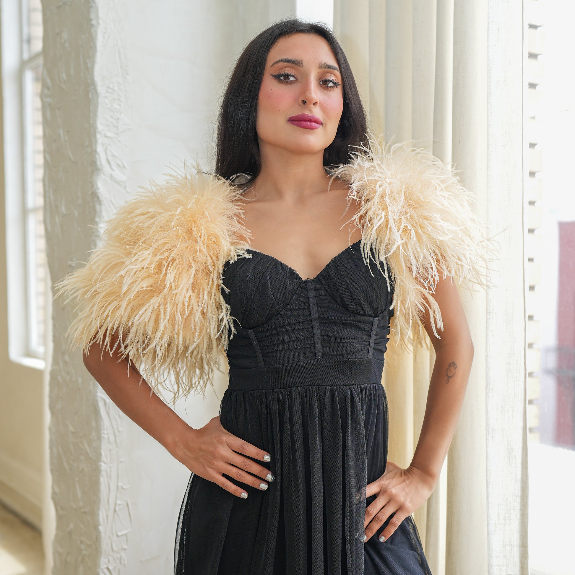 Zucker Feather Bolero Jacket | Nude Beige Ostrich Feather Bridal Accessory Zucker Feather Bolero Jacket | Nude Beige Ostrich Feather Bridal Accessory