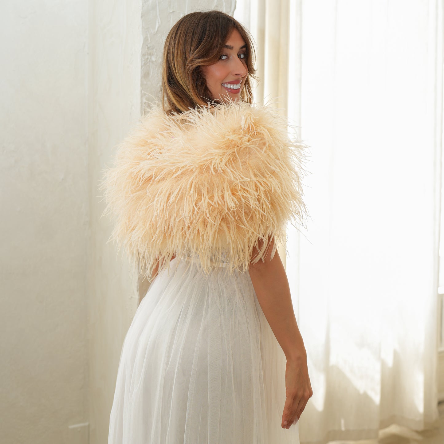 Beige Small Ostrich Feather Shrug